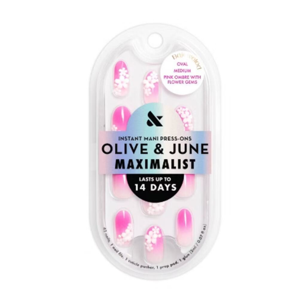 Olive & June Press‑On Nails – Bejeweled Pink Ombré w/ Flower Gems – Oval Medium